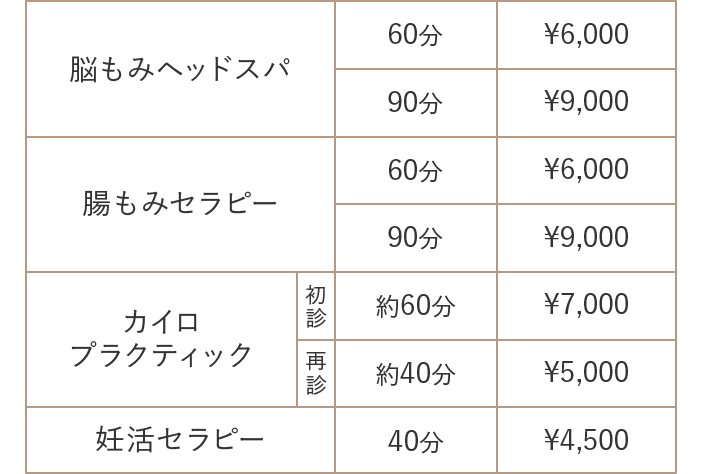 脳もみヘッドスパ 60分 6,000円 90分 9,000円 腸もみセラピー 60分 6,000円 90分 9,000円 カイロプラクティック 初診 約60分 7,000円 再診 約40分 5,000円 妊活セラピー 40分 4,500円